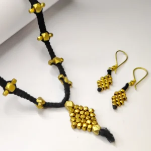 Elegant Single-Line Burfi Pendant with Beads in Black Thread & Matching Earrings