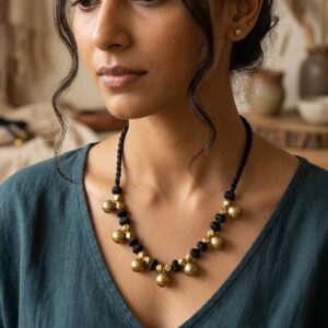 Handcrafted Black Silk Thread Necklace with Polished Brass Charms | Bohemian Statement Piece