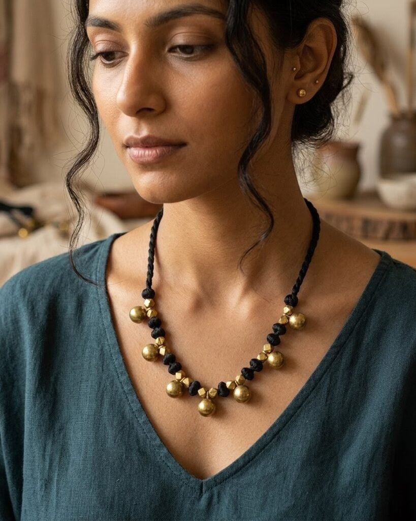 Handcrafted Black Silk Thread Necklace with Polished Brass Charms | Bohemian Statement Piece