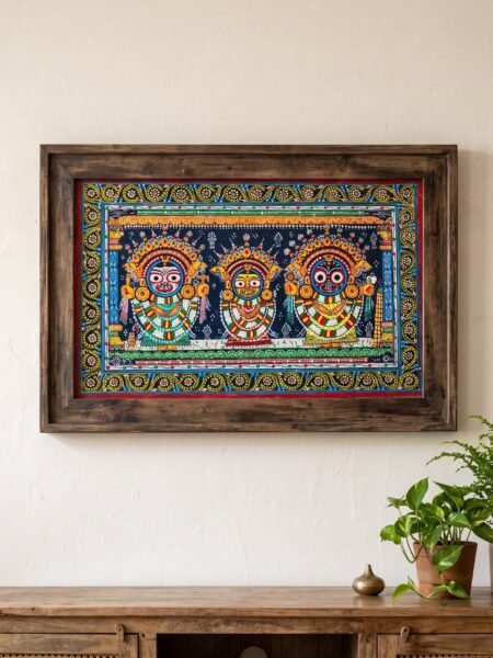 Traditional Odisha Pattachitra Painting – Lord Jagannath, Balabhadra & Subhadra | Handmade Tribal Wall Art | 16 × 10 Inch