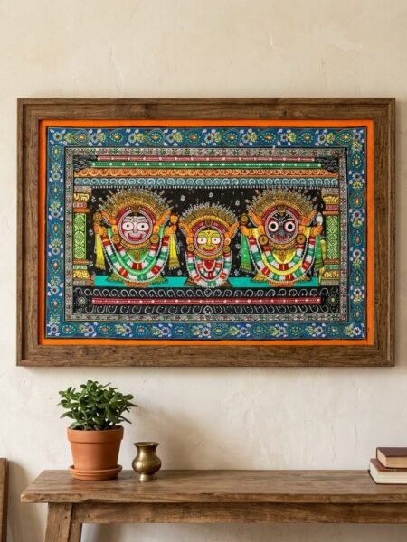 Traditional Odisha Pattachitra Painting – Lord Jagannath, Balabhadra & Subhadra | Handmade Tribal Wall Art | 16 × 10 Inch