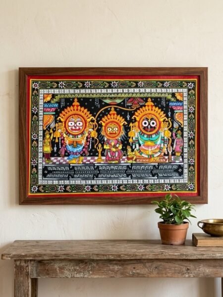 Traditional Odisha Pattachitra Painting – Lord Jagannath, Balabhadra & Subhadra | Handmade Tribal Wall Art | 16 × 10 Inch
